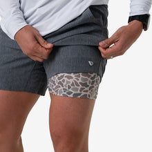 Load image into Gallery viewer, Burlebo 5.5" Athletic Shorts in Grizzly Grey with Classic Deer Camo Liner