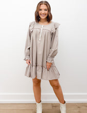Load image into Gallery viewer, We Don't Long Sleeve Smock Mini Dress in Taupe