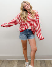 Load image into Gallery viewer, Be Mine Button Henley Stripe LS Sweater in Red