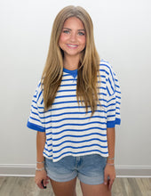 Load image into Gallery viewer, We Have History Oversized Stripe Knit Top in White/Blue