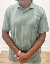 Load image into Gallery viewer, Southern Point Co. Horizon Stripe Performance Polo in Duck Green/Sandstone
