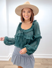 Load image into Gallery viewer, Running For You Scoop Neck Ruffle Blouse in Dark Green