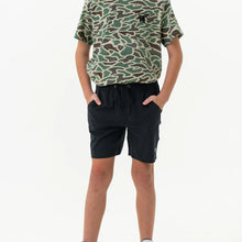 Load image into Gallery viewer, Burlebo Youth Athletic Shorts in Heather Black with Retro Duck Camo Liner